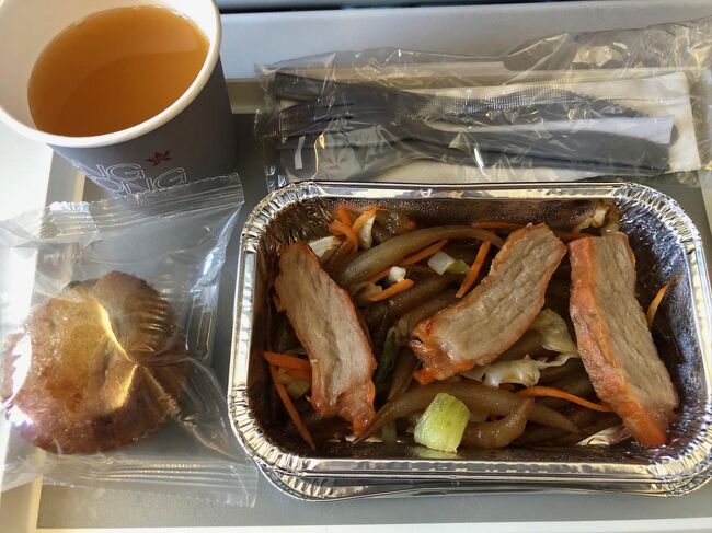 (ﾟДﾟ≡ﾟдﾟ)<br />びっくり仰天の機内食<br />な、なんだこれ！？？？<br />グロテスク過ぎて、しばし手を付けられない。<br />いやいや、機内食出ただけでもありがたく思っておこう、香港航空。