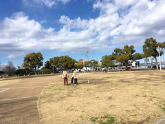 埠頭に出る前に山下公園の「おまつり広場」を通りました。
前方には並ぶ樹々と、船のマストから下がる万国旗が見えました。

