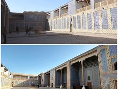 《タシュ・ハウリ宮殿》(Tosh Hovli Sarayi)

1830年から1838年にかけてアラクリ・ハン(王)により建設された
宮殿で、豪華なタイルや装飾はイチャン・カラ随一とか。

（写真上）中庭の北側は青いタイルの幾何学模様が美しいハーレム

（写真下）中庭の南側は豪華なアイヴァン(※)が並んでいます

※アイヴァンとは三方が壁に囲まれた、高い柱のある
　イスラム様式のテラスのような空間のこと