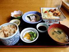 さてと、ここでランチタイム。
休暇村のレストランは、ラストオーダーが13時と意外と早い。
注文したのは、名物のタコよくばり定食。
タコの炊き込みご飯、唐揚げ、タコわさびなどがついています。