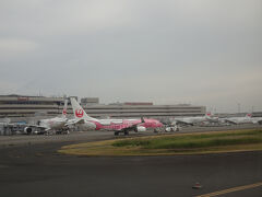 ここで10分位止まってました
空港混雑でスポットに入れないとの事
スポットから出てきたのはJTA機でした