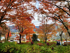 国道から見た河口湖。紅葉真っ盛り。標高830m。

