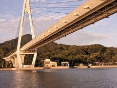 朝日を反射する生口橋の下をくぐり