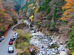吊り橋の上から川迫川を眺めます。かなり険しいところに架かっているのが分かります。