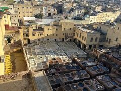 さらに上部からタンネリを。
メディナを遠くまで見渡せてすごくきれいでした。

タンネリ内部はガイドさんから、革製品屋さんにバトンタッチしての案内になります。
覚悟してましたが、タンネリ見学後、商品の紹介が始まりました。
やたらクッション推されたのですが、流石にクッションはいらないので、ちょうど買い換えようと思っていたベルトを見せてもらったところ、割と良かったので買うことに。

最初600DHの提示でしたが、小さな財布(はじめ500DH提示)と合わせて900DHまで下がりました。
もしかするとぼったくり気味なのかもですが、キャメル革らしいので、思い出込みでOKかなと。