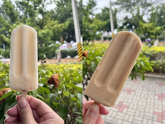 右：私が選んだピーナッツ味<br />左：相方が選んだパイナップル味<br /><br />素朴な味でおいしい<br />いつももう１本食べられるんじゃないか？と思う<br /><br />昔、虎尾に行った時は芋頭味を食べたよ