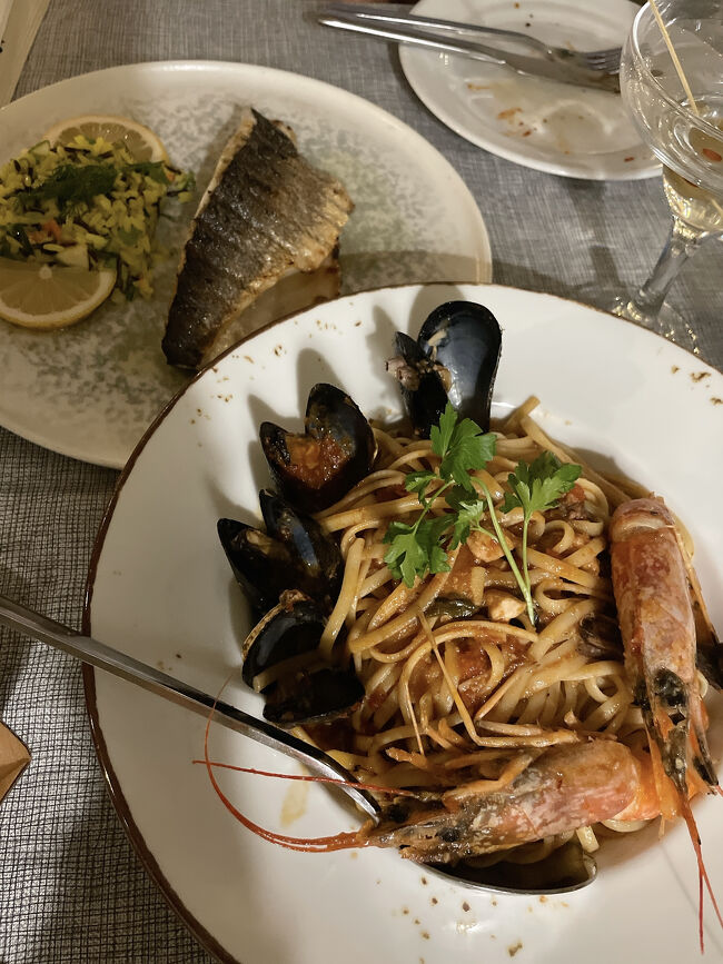 メインはシーフードトマトパスタと、確かスズキのソテー。<br />パスタは麺がきしめんみたいな形でした。<br />ギリシャの島はシーフード料理が本当に美味しくて、本当に何を食べても当たりな気がします。<br /><br />お店はカジュアルな感じで賑わっていて、席はほぼテラスで外の空気が心地よくて雰囲気もとてもよかったです。<br />大満足のディナーでした。
