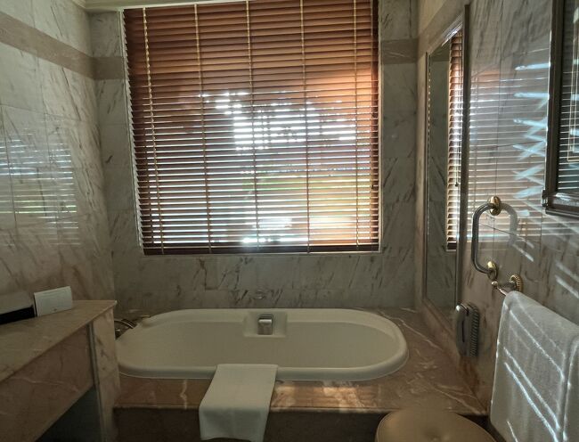 　バスタブがあります！旅先では夜も朝もバスタブに浸かり、疲れをとるのに、昨日はないホテルだったので、尚更嬉しい。右手のバスタオルは超ビッグサイズ。さすが7つ星ホテル！<br />　日本から持参した「箱根の湯」を入れて入浴していたら、電気が突然消えました！しかも数分おきに何度も！その度に娘を呼び。スイッチを入れ直し・・・お互いにそうし合いました。日本でなら私、絶対すぐ苦情をフロントに言い、旅行記にもアップしますが、言葉の壁があり、英語では怒りを100％は伝えられません。元々ご招待ですし、ちょっと、怒りが半減。私の分まで2女が怒り、フロントに電話。「7つ星ホテルというので、期待してきたのに、信じられない、数分おきに、チカチカしており、それはラップで記録している。さっき来てもらったメンテナンスの人に、今度チカチカしたら部屋を変えてと言ってある。部屋を変えて。」と英語で。荷物も全部出し、洗濯もし、2人とも入浴もしたのに。調べて折り返しの電話をもらい、お引越しという事に。マネージャー？とボーイの2人が来てくれ、荷物は持ってもらい、お引越し。日本のビジネスホテルなら、お引越しは何度か経験ありますが、まさか7つ星でこんな目に合うなんてね。・・・