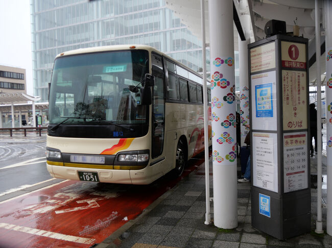 福井駅東口ロータリーの1番バス乗り場です。<br /><br />9:50発、永平寺門前バス停行の特急バス「永平寺ライナー」に乗車して永平寺に向かいます。<br /><br />料金は大人750円、こども380円。