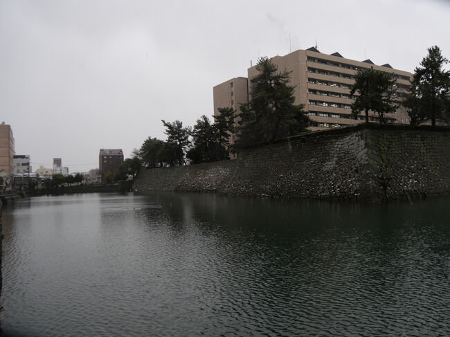 福井神社にお参りした後、福井城の北側内堀に沿って進みます。<br /><br />写真右側の石垣が天守台です。