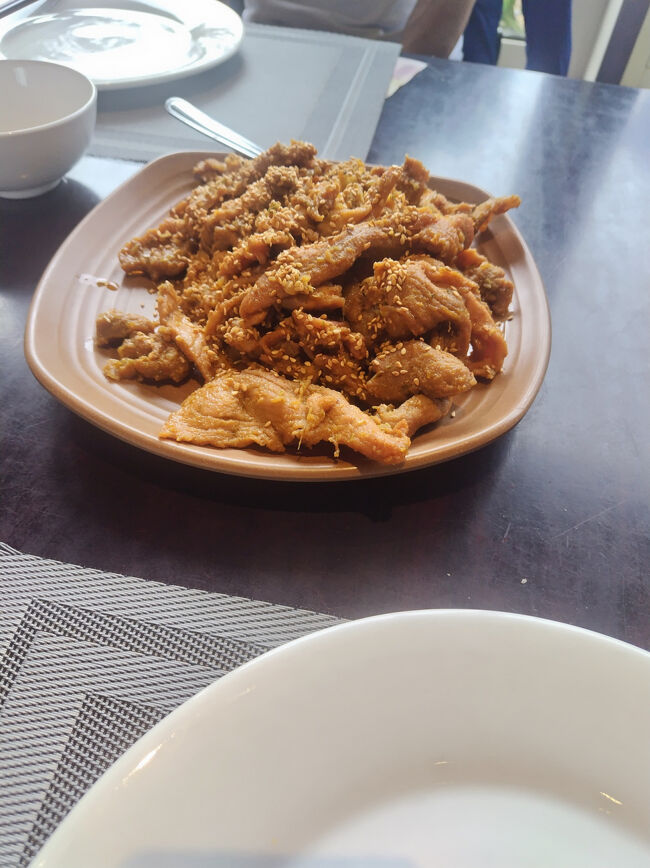 豚肉を揚げて、甘辛くしたもの