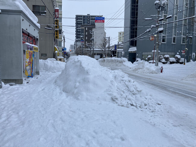 除雪されているが歩道に雪の山。
