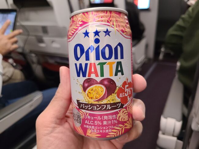 機内で寂しくならないようにオリオンのチューハイを持ち込み。