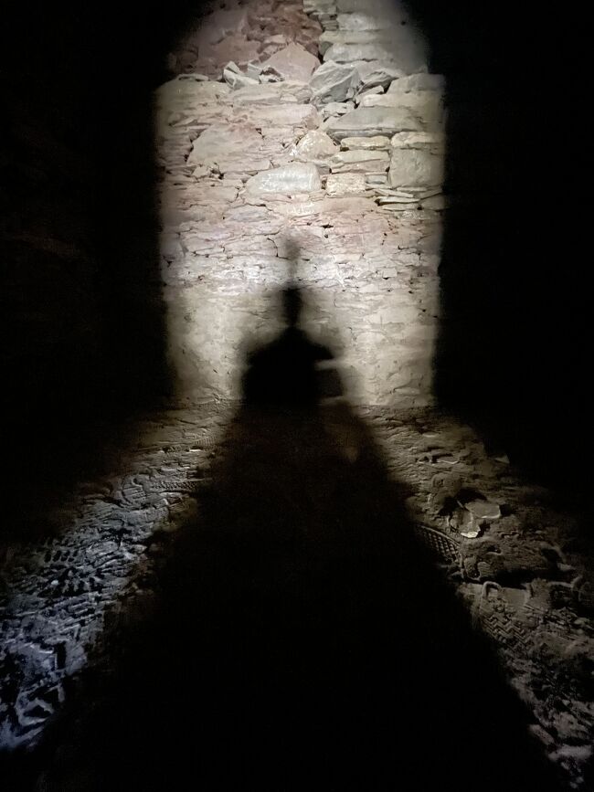 なんとなくの座禅を組んでしばらく瞑想？　をするが、これがとても気持ちがいい。比叡山や永平寺で座禅させてもらったことはあるし、不眠解消のため最近は瞑想アプリを使ったりもしているのだが、ここでの瞑想はまったく違う。地下だからか、じっとしていると生き埋めになったのでは？　と怖くなる。それがいい。二度と外に出られないという恐怖をイマジナリーに味わえる。むかしアイソレーション・タンクというものがあったが、人間には外部からの感覚刺激を遮断したいという強い衝動があるのだと思う。<br />半眼になると、正面の壁に自分の影が映っている。これもいい。絶食などで精神状態が変性していれば、仏を観ることもできそうだ。当時は完全に闇だったのかも知れないが、地下道に灯りをともせばこのように自身の影を壁に見ることになっただろう（写真は前述のとおりiPhoneががんばっているが、実際はもっと微妙なあかりだ）。