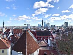 【正面向いて撮影】
この写真の左の方に写ってる尖塔は、先程の左向き写真でも写ってた聖霊教会。
正面に映るタリン旧市庁舎の塔の先端には、『トーマスおじいさん』と名付けられた監視兵の風見が付いてます。その向こう側に、新市街の近代的なビル群が見えます。邪魔者と見なすか、新旧の面白いコラボレーションと見るか…、私は後者なのでこの写真も好きです。
一番手前のとんがり屋根の上には風見鶏がいます。そう、さっきくぐらず見上げたピック ヤルク門塔です。