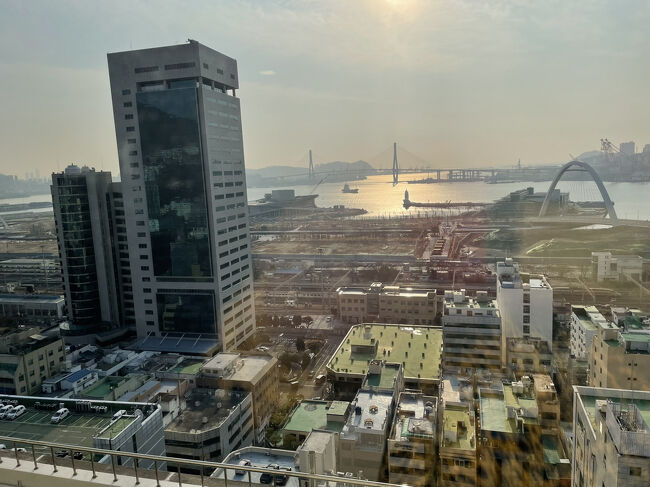 昨日の夜景の昼の風景です。<br />入り組んだ湾になってるんですね。<br />左見切れてますが、大型のフェリーも寄港してます。