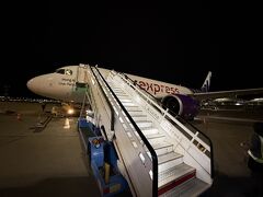 21:55香港空港到着(予定より30分遅れ)
沖止めされた香港エクスプレス

ここでバスに乗車できたお陰で、入国審査場のすぐ近くまで運んでもらえて助かりました
その後はe道(自動出入境ゲート)で入国審査を通り抜けました