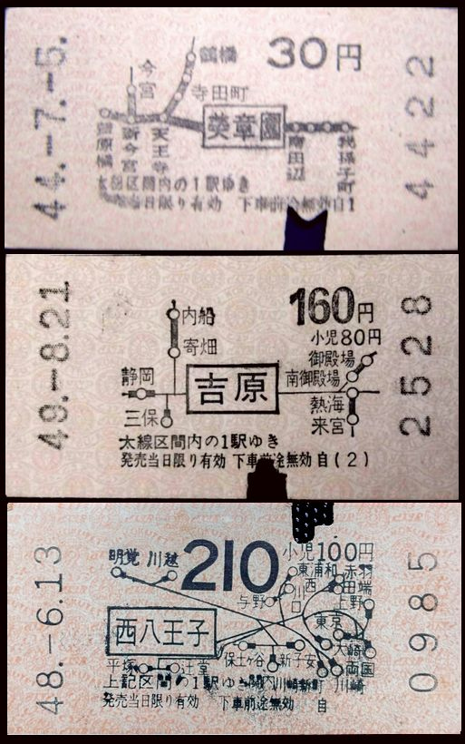 昭和44年5月のモノクラス改正以降は全国に券売機の設置が開始されました。<br />【写真上】は『単発式』で発券したものです。小児運賃が書かれていません。<br />その後、多種の切符を販売できる『多能式』も開発され主要駅に設置されてゆきました。大人の金額の下に「小児何円」の表示のあるのが多能式で、ボタンを押して発売された券です【写真中】<br />昭和45年、パイロット萬年筆により無色透明のインクを使い、化学反応により発色させる「キレート式」が開発され、スミインク式に置き換わってゆきました。【写真下】<br />この方式は手指は汚れないけれど、数週間で退色がはじまり、数か月で赤茶色に変色しやがて数年後には消えてしまいます。有効期間の長い定期券には使えませんでした。<br />写真中と下の印字をよく見比べて下さい。<br />中はインクが真黒ですが、下のキレート式は濃灰色の発色です。わかるかなあ・・