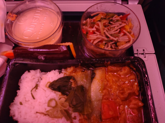 カタール航空機内食は、安定の美味しさ。エコノミークラスでもスパークリングワインがいただけます。メニューは、アプリやウェブサイトで事前確認できます。
