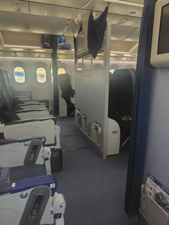 往路の座席はエコノミークラス最前列のバルクヘッド席【20K】です。<br />このフライトはベビーちゃんいないみたい。<br />予約時は選択不可でしたが出発24時間ほど前にチェックしてみたら選択可能になってたので変更してみました。お隣は空席だったのでラッキ～<br />窓側席ですが足元が広いので通路に出るにも楽勝です。