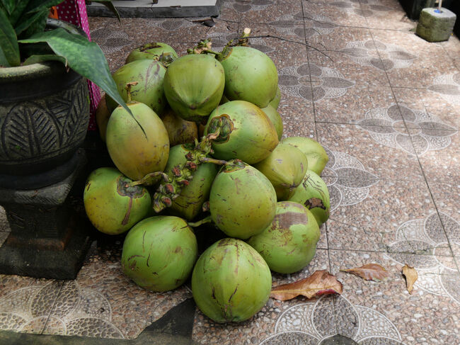 飲食店の店頭に転がるココナッツの実。