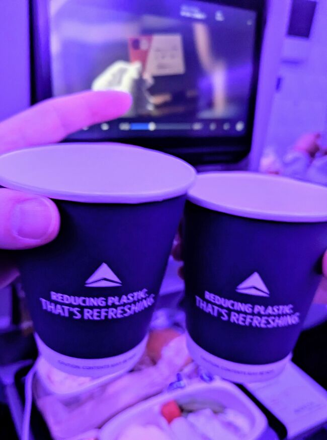 ドリンクサービスが始まりました！<br />私はビール、彼女は白ワインを頼んで、旅の安全を祈願して乾杯♪