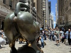 そして、ウォール街を目指して歩きます。すると、株価を上昇させるという願望も込められているチャージング・ブルを発見。写真を撮りたい人が並んでいます