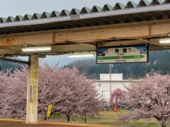 写真を撮りたくて早めにホームへ行きました。下りホームの向こうの桜が綺麗。
錆びた柱に哀愁を感じるなぁ。