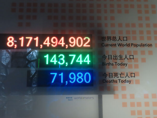世界の人口と、この日の出生数・死亡数。出生数と死亡数は「この時点」でのリアルタイムの数のようです。