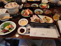 夕食は、ホテルから５分くらい歩いた路地にある割烹和らくに行った。エレベーターがあり団体客用の大きな部屋がいくつかあるようで、入店の際に他のグループと重なり、バタバタと案内された。
旅館のようにある程度料理があらかじめ並んでいた。ズワイガニがつき、煮物や焼き物が出て、旅館の料理のようだった。駅前なのに特に二次会をするような店もなく、バラバラとホテルに戻った。