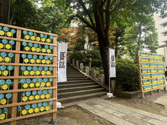 根津神社西口鳥居を入ってすぐの根津神社境内社 駒込稲荷神社に、夏詣 かざぐるま祭りの黄色と青のかざぐるまが飾られていました。
