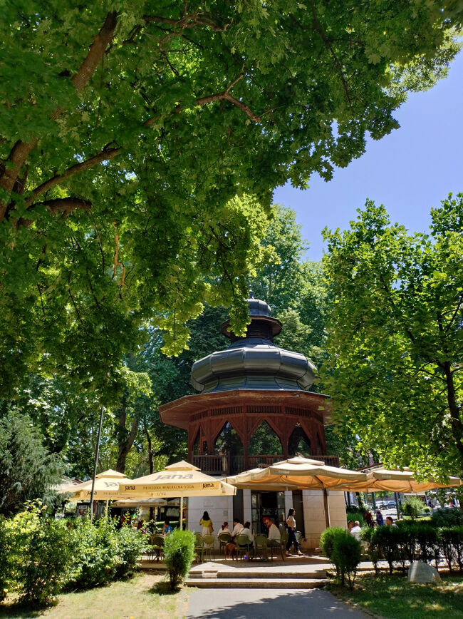 サラエボ東バスステーション行きのトロリーバスはTrg Austrijeから出ている。<br />セビリに似ている建物はカフェの様子。