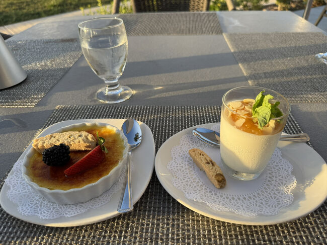 クリームブリュレとマンゴパンナコッタ<br />美味しかったです。<br />1皿は常識な価格で特別高くもない料金設定<br />小食ならアラカルトでもいいと思うけど、面倒なくインクルーシブルで付けられるのはいいシステムです。付け方もフレキシブルなのでこのホテルは良心的だと思います。<br />お酒は飲み放題だと二人で80ドル、ボトルでも65ドルなのでどちらでもですネ。<br />でも、このシステムを知らない人が多いのかインクルーシブルで食事してる人はいない様でした。