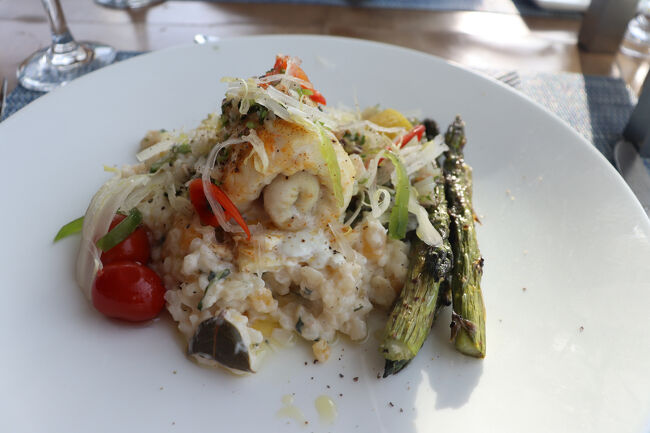 正直私はサラダとカラマリで十分なのですがメニューに惹かれる名前がありました。ユニコーンという魚です。<br />ムール貝は1サイズだったのにユニコーンは大・小の２つ書いていました。<br />名前の由来はユニコーンの様な角があるらしくカラフルらしいけど姿を見たら食べられないネ・きっと。<br />身は締まってて白身魚です。食感もお味もいいので普通に美味しいです。<br />リゾットと一緒に頂きました。