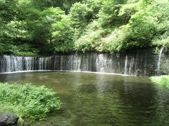 今回の最初の立ち寄りは、軽井沢の観光地の定番、白糸の滝。
高さ３ｍ、幅７０ｍと連なる滝は、地下水が岩肌から湧き出たものです。
絹糸のような水が幾重にも降り注ぐ様が、まさに白糸のようです。

