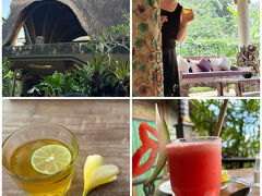 ホテル到着
Pramana watu kurung ・・プラマナワトゥクルンリゾート　言いづらい　(笑)
ここで３泊します　年齢を重ねると(この言い方好き)だんだん動くのが苦になって、１カ所ステイになってしまうのだ
ウェルカムドリンク　美味しい(何飲んでるかわからん)
チェックインまで40分位有るのでレストランでお茶しながら待機
