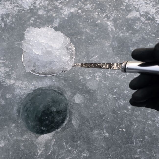 削った氷が釣り穴の中で凍らないように網じゃくしで取り除いたり、