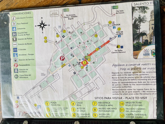 2軒ほど回って、Tourist Information Tours en Motocicletaにお世話になることにしました。<br />見た目ヤンキーなスタッフのお兄さん（おじさん？）が英語が話せて気さくで色々お世話をしてくれそうだったからです。南米の人は大体みんなフレンドリーで大好きです。<br />これがサレントの地図です。<br /><br />コーヒー農園行きたい、ハイキングしたい、と伝えると色々提案してくれ、結果、<br />コーヒー農園は自分で行く（広場から出てるバギーに乗るか、徒歩。３キロくらい）、ハイキングはValle de Cocora(ココラ谷)に翌日行くことにしました。<br />お値段は忘れてしまったのですが、キャッシュのみ（村に両替は1つだけ、レート微妙なのでボゴタで両替しておくことをお勧めします！）対応でした。