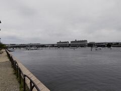 金沢八景駅方面へ目を向けるとシーサイドラインが平潟湾上を越えて行く。シーサイドラインからも潮干狩りの姿は良く見える。