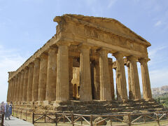 舗装された聖なる道を登りきるとコンコルディア神殿#1。
ファサード6柱、側面13柱のほぼ完全な姿が見られます。
この神殿、女神コンコルディアに捧げられたものかどうかは、ほとんど確証はなく、一説によればこの神殿の近くで、コンコルディアと書かれた石碑の断片が見つかったから、そう呼ばれているだけなのだそうです。