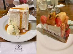 ランチの後、元町方面から三宮センター街をブラブラお散歩して、暑さに耐えきれず、珍しくカフェに。「神戸国際会館」の地下の奥の方にあった「マザームーンカフェ」に入ってみました。関西エリアで主に商業施設内で多店舗展開されているランチやスイーツが人気のカフェのようでした。関西出身の私が知らなかったのは、創業が私が関西を出た時期だったからだと思います。「エンゼルフードキャラメルケーキ」も季節の「白桃シャルロットタルト」も美味しくてあっという間に完食！でした。