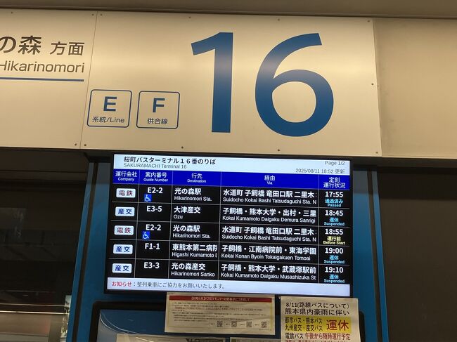 産交バス、熊本都市バスは運休していましたが、熊本電鉄バスは運行しています。<br />運休の青い表示が並んでいますが、私が乗るのは黄色い字の「運行前」と書いてある熊本電鉄バス。<br />これで藤崎宮前まで乗って、晩ごはんに出かけます。