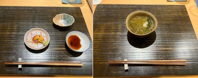 天草産のうに。すみません、食べかけです。<br />ここのうにを楽しみに来ています。<br />右は天草産もずく。<br />酢の物が酸っぱすぎず、絶妙な加減。器が唐津焼で、金継ぎが施されていました。唐津焼は割と脆い。この金継ぎは女将さんの手によるものです。そういうの、素敵ですね。