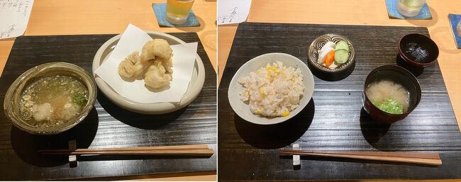 大分産鱧の天ぷら、とうもろこしごはん。<br />とうもろこしごはんのちょっとしたコツも教えてくださいました。<br /><br />すべて、大変おいしくいただきました。<br />満足満足。<br />翌日のことは、朝になってから天気予報とJRの運行状況を見て決めることにします。場合によっては、ホテルでおとなしくしておくという選択肢も覚悟しないといけません。<br /><br />Part 1はここまで<br />Part 2につづく