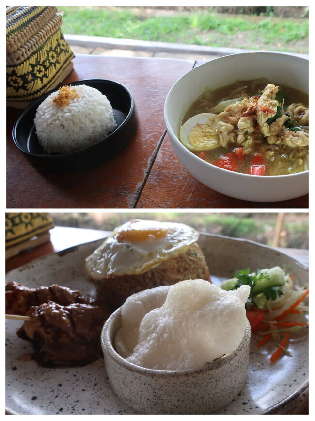 ソトアヤムとナシゴレン<br />全部で220.6ｋ（2075円カード）<br />観光値段だけど、この美味しさとロケーションなら文句なし<br />父はここが一番美味しかったと言っておりました<br /><br />お店の青年も感じが良くて、居心地が最高<br />ところで<br />日本語は「ありがとう」と「食べましたか」しか知らないんだー、とテレながら話しており、二つ目のやつはどうかと（最初「飛べましたか」に聞こえてびっくりしたし）気になったけれど、悩み過ぎてお節介できず<br /><br />「食べましたか？」ってフレーズ、美しくないですよね。<br /><br />でも「お下げして宜しいですか？」なんて言うと、日本語ペラペラかと思われて、後が面倒かな。<br />２フレーズで長いし。<br />「いかがでしたか？」でも伝わると思うけど、日本語で感想を答えられると意味がわかんないよね。<br />それなら「美味しかったですか？」の方が外人さんらしいかなー。<br />でも「オイシイですか？」は、彼の奥ゆかしいキャラと合わない。<br />却下だ。<br /><br />あくまでもお皿を引くことに特化するとして、いっそ「食べましたか」で良いのか、直訳だな＝日本語苦手も伝わるし、、なんて考えながら帰りました。<br />適度な日本語って難しい。