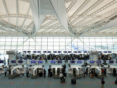 やはり上から眺めてしまう、チェックインカウンターがずらりと並ぶ出発ロビー。
朝で出発便も多いせいか、そこそこ混雑している感じ。