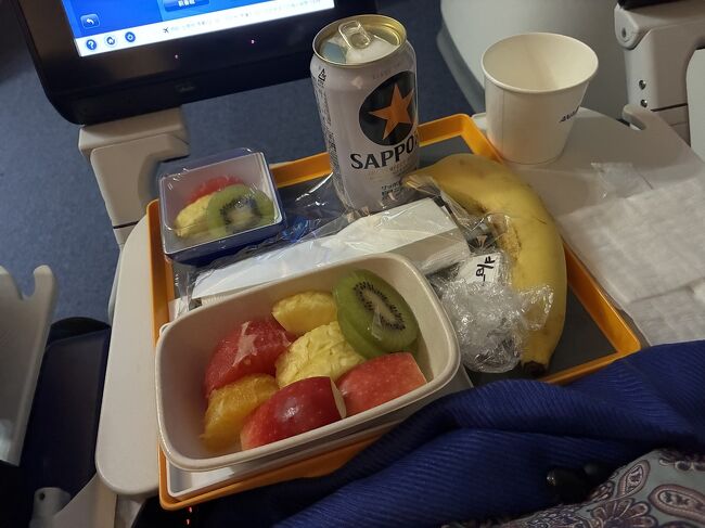 深夜12時頃<br />1回目のお食事、フルーツミール<br />ビールもいただきました。<br />でもお腹がいっぱいで、半分くらいしか食べられませんでした。<br /><br />ギャレーも近かったので、途中ギャレーでおかきと牛乳をいただきました。