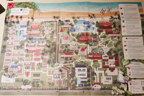 パスポートを渡しデポジットを支払いチェックイン手続きを終えましたが、この時点でまだ11時。お部屋の用意は当然出来ていません。<br />スタッフさんに「お部屋の用意が出来たらWhatsAppで連絡する」と言われたので、とりあえずプールを利用させていただくことにしました。水着を持ってプールへ。<br />いただいたマップは隣接する姉妹ホテルHyatt Regency Baliと共用です。マップは共用ですが、施設は共用ではありません。アンダーズの宿泊者でもハイアットのレストランで食事をした場合は料金を部屋付けにできますが、プールやキッズクラブ等は相互利用などは出来ないと言っていました。