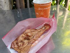 ピーターパンの酔いもあってしばらくアトラクションは並べないなとファンタジースプリングスエリアは退散。風に当たりながら散策します。

途中でスパイシースモークチキンレッグを食べました。林の中の席に座ってしばし休憩。お肉を食べて酔いも和らいだ感じ