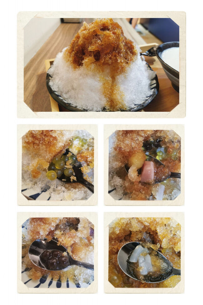 手炒黒糖刨冰（黒糖かき氷）　80元<br />10元のトッピングから４種類選択可<br />百香果爆爆珠（パッションフルーツボール）、芋圓、珍珠（タピオカ）、椰果（ナタデココ）<br />食感も楽しめてパッションフルーツボールが弾けてとても美味しい♪<br />クセになってます(*^_^*)<br /><br />